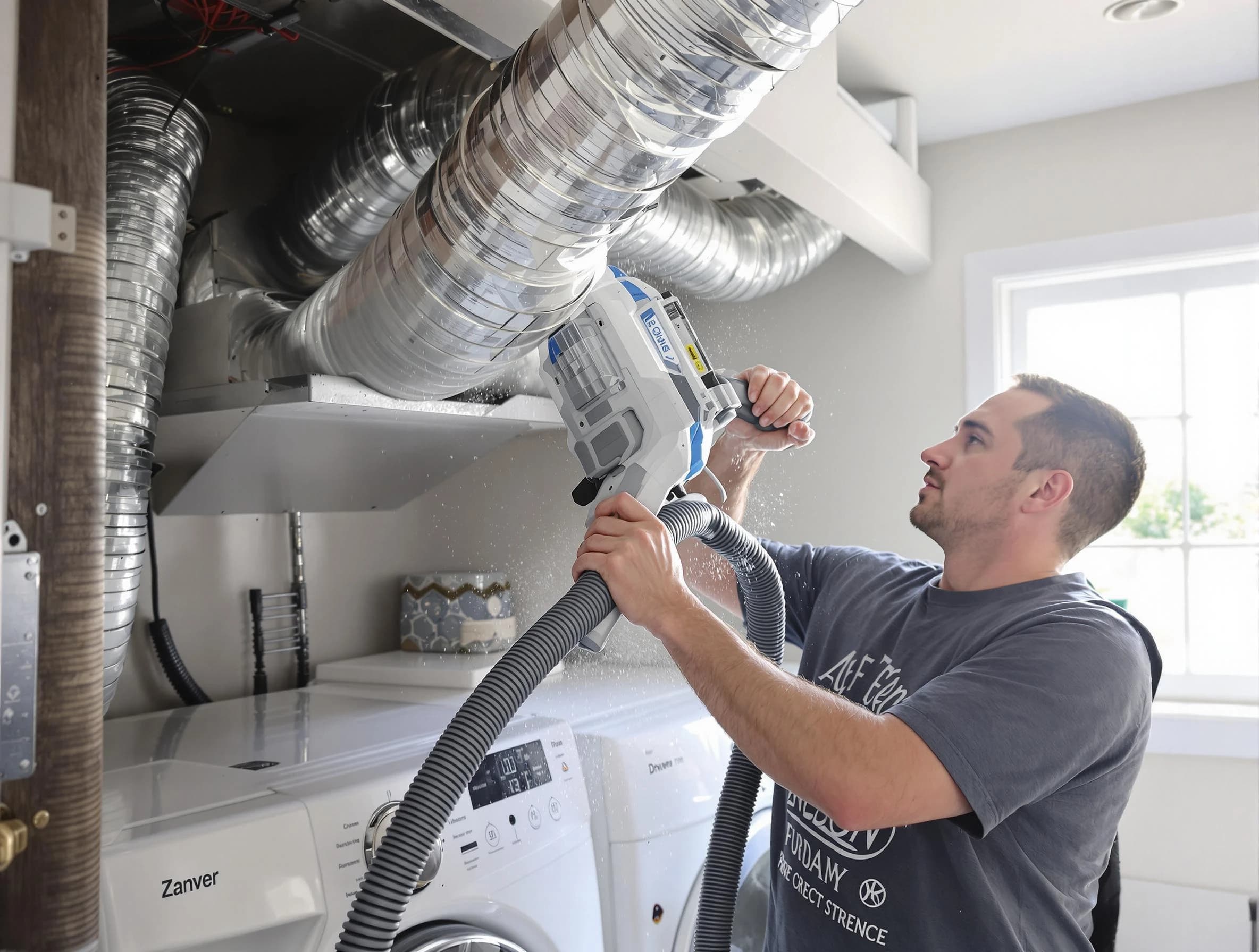 Bellevue Dryer Vent Cleaning specialist cleaning deep within a dryer vent duct system in Bellevue