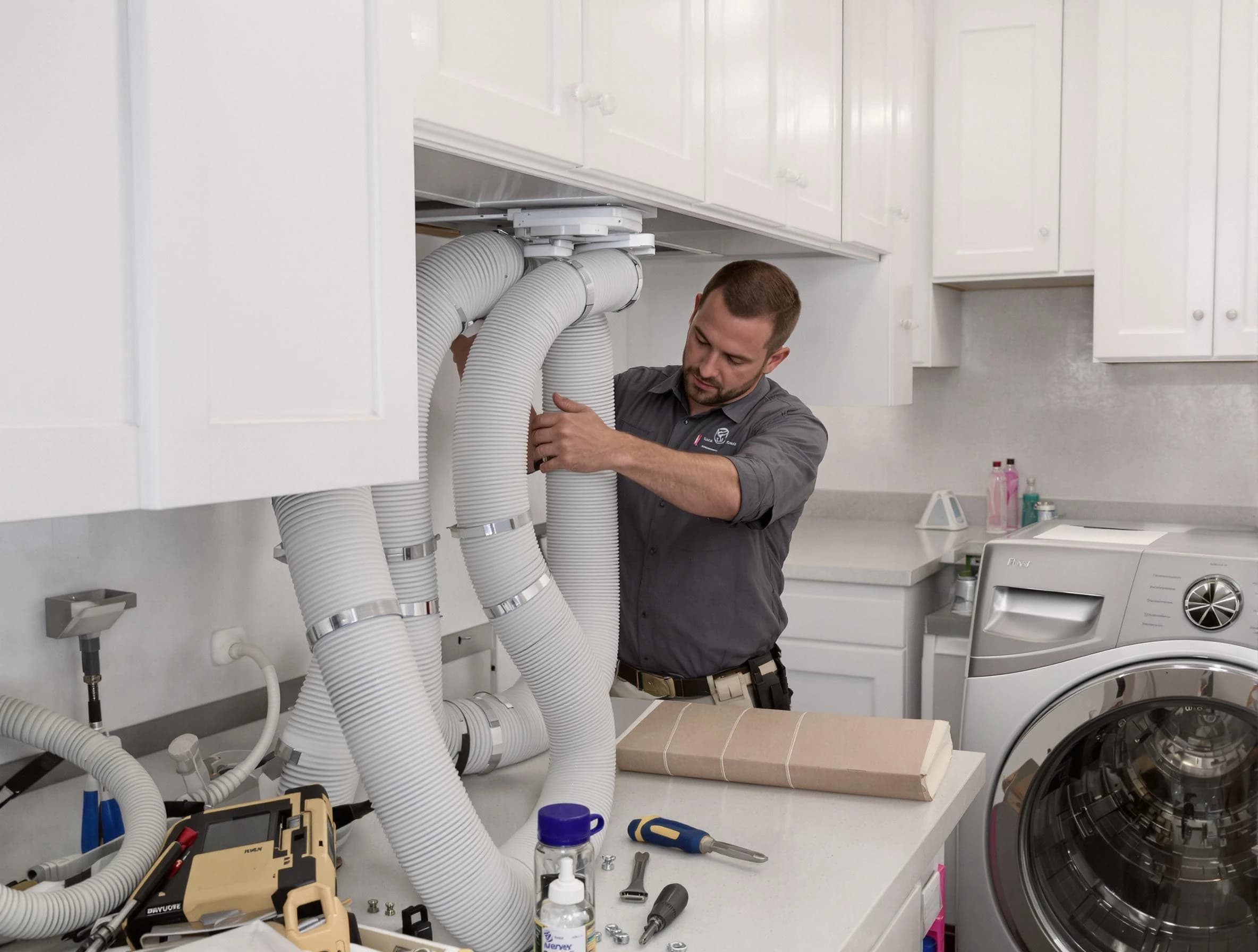 Bellevue Dryer Vent Cleaning technician installing a new professional-grade dryer vent hose in Bellevue