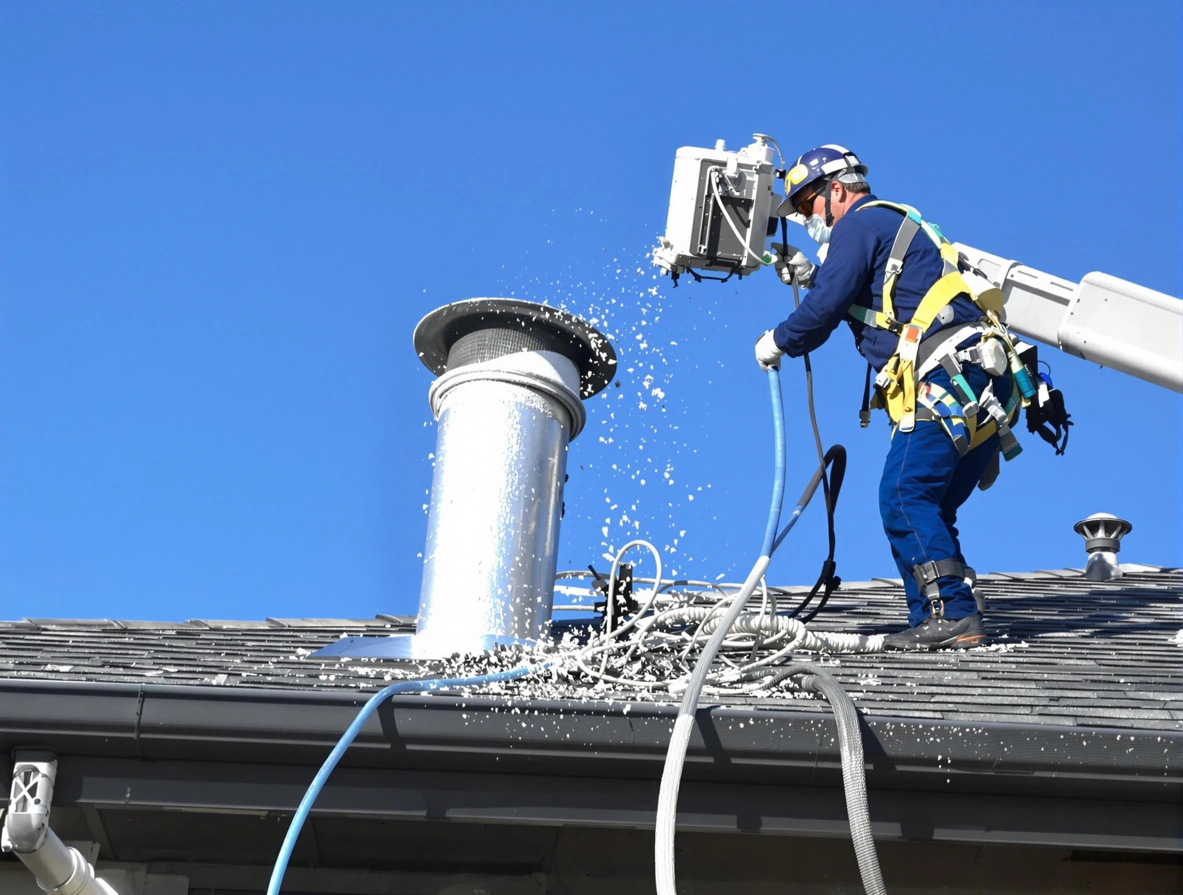 Bellevue Dryer Vent Cleaning certified technician safely cleaning a roof-mounted dryer vent in Bellevue