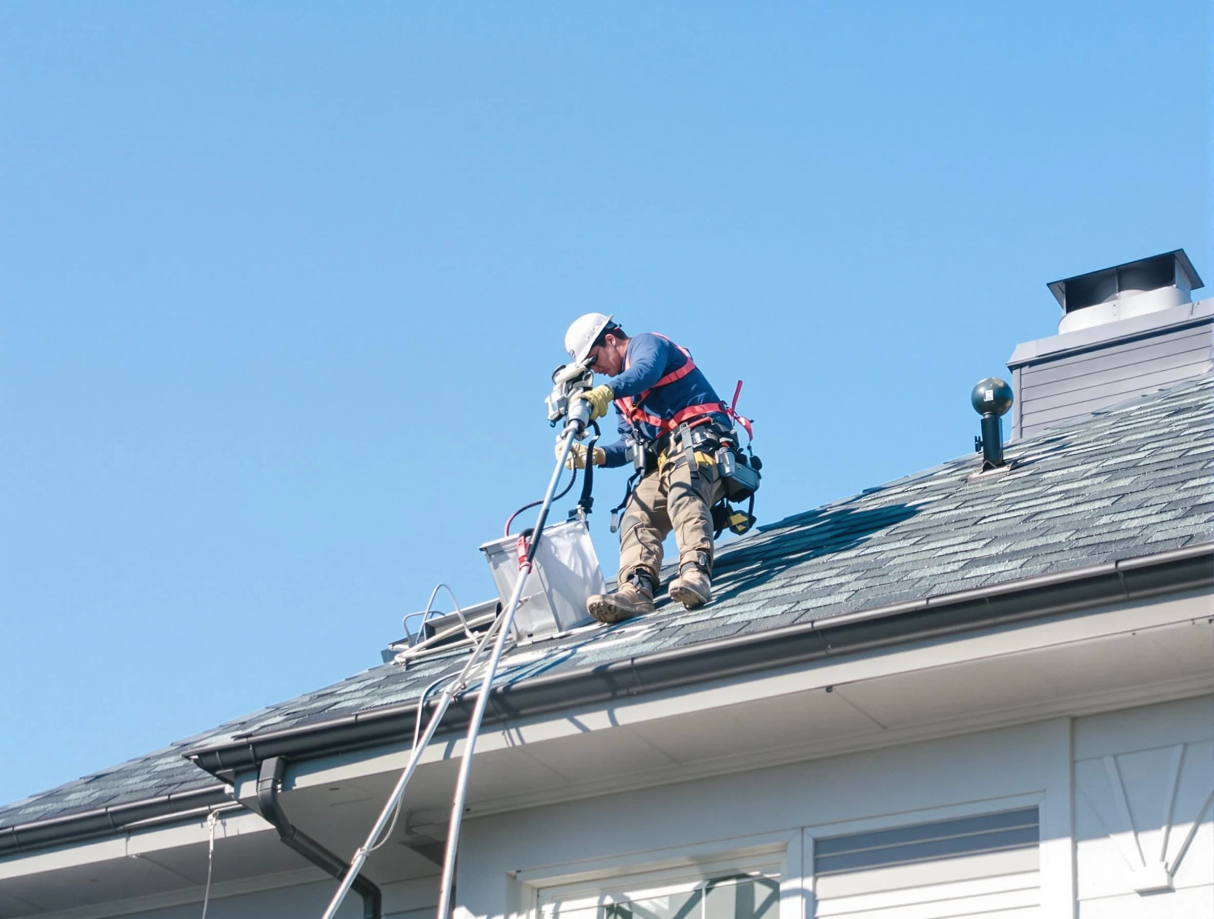 Bellevue Dryer Vent Cleaning certified technician cleaning a roof-mounted dryer vent system in Bellevue