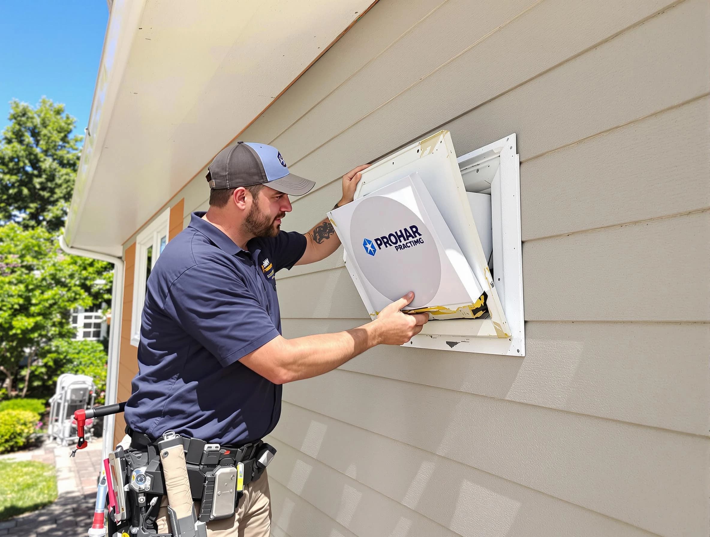 Bellevue Dryer Vent Cleaning technician installing a new protective dryer vent cover on a home in Bellevue