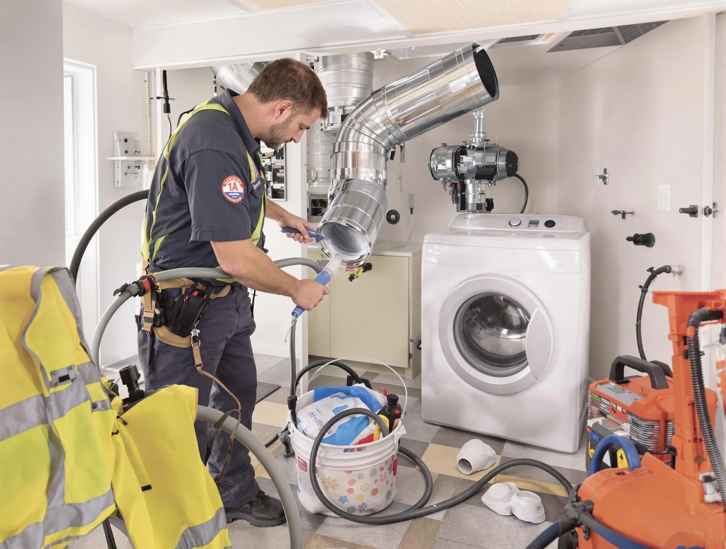 Bellevue Dryer Vent Cleaning technician using specialized equipment to clear severe dryer vent blockage in Bellevue